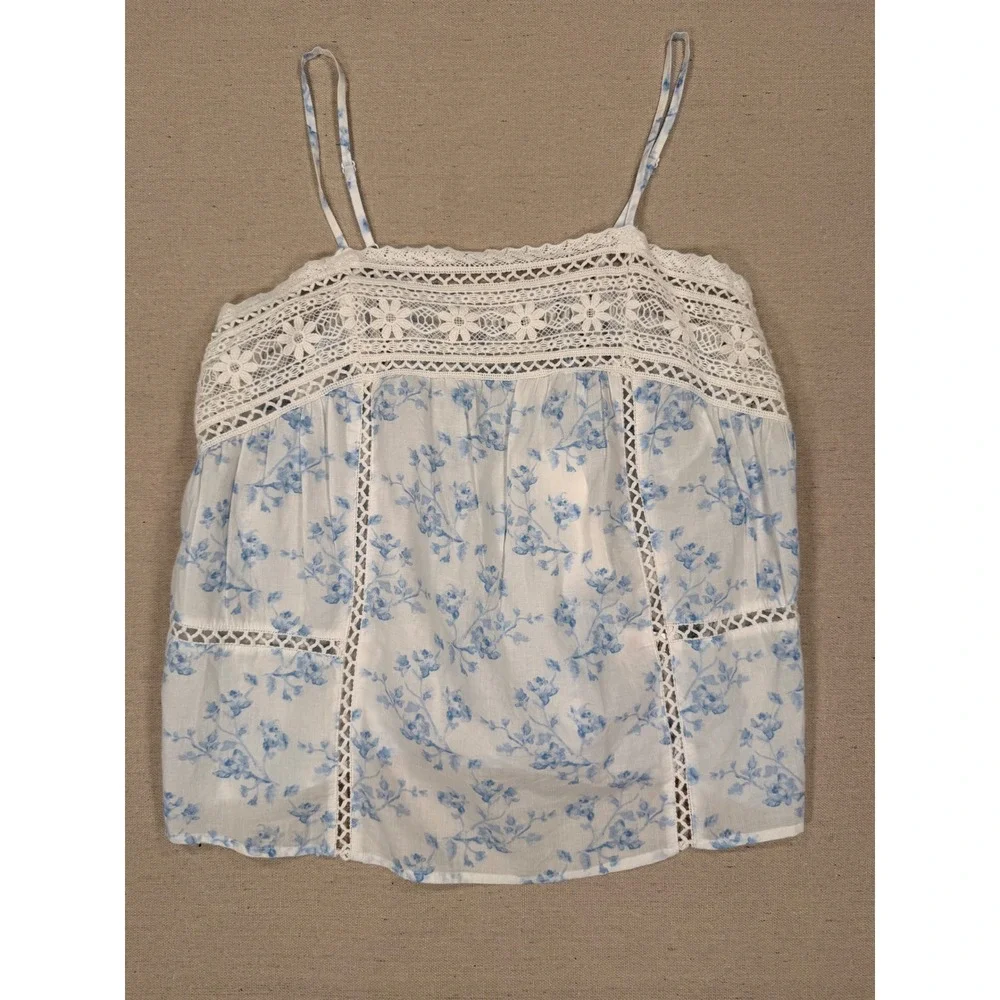 Caroline Constas Women Blue White Floral Cotton Pajama Set Cami Shorts Small NWT